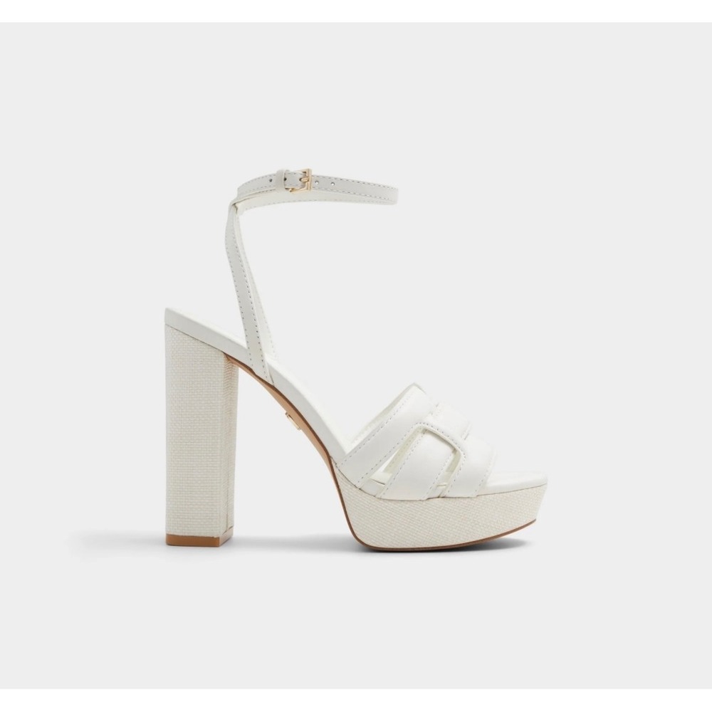 Aldo Valaberel White Strappy Heeled Sandals Platform Open Almond Toe Size 10 NIB